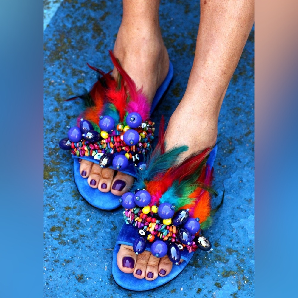 Colorful velvet sandals. Definitely not your casual understated summer sandal.
